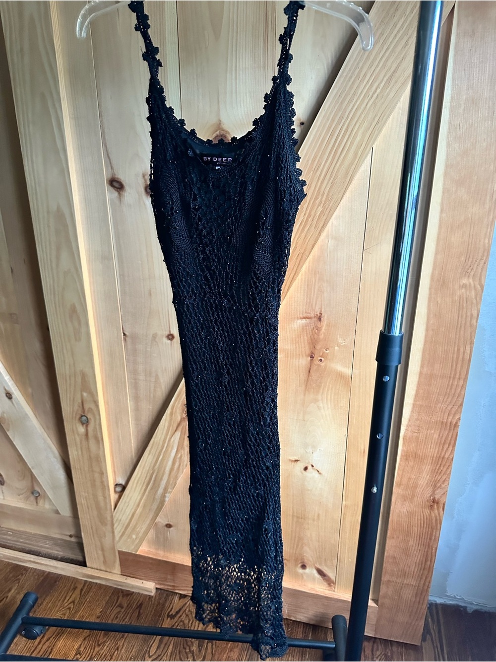 By Deep Black Crochet Midi Dress with Delicate Straps